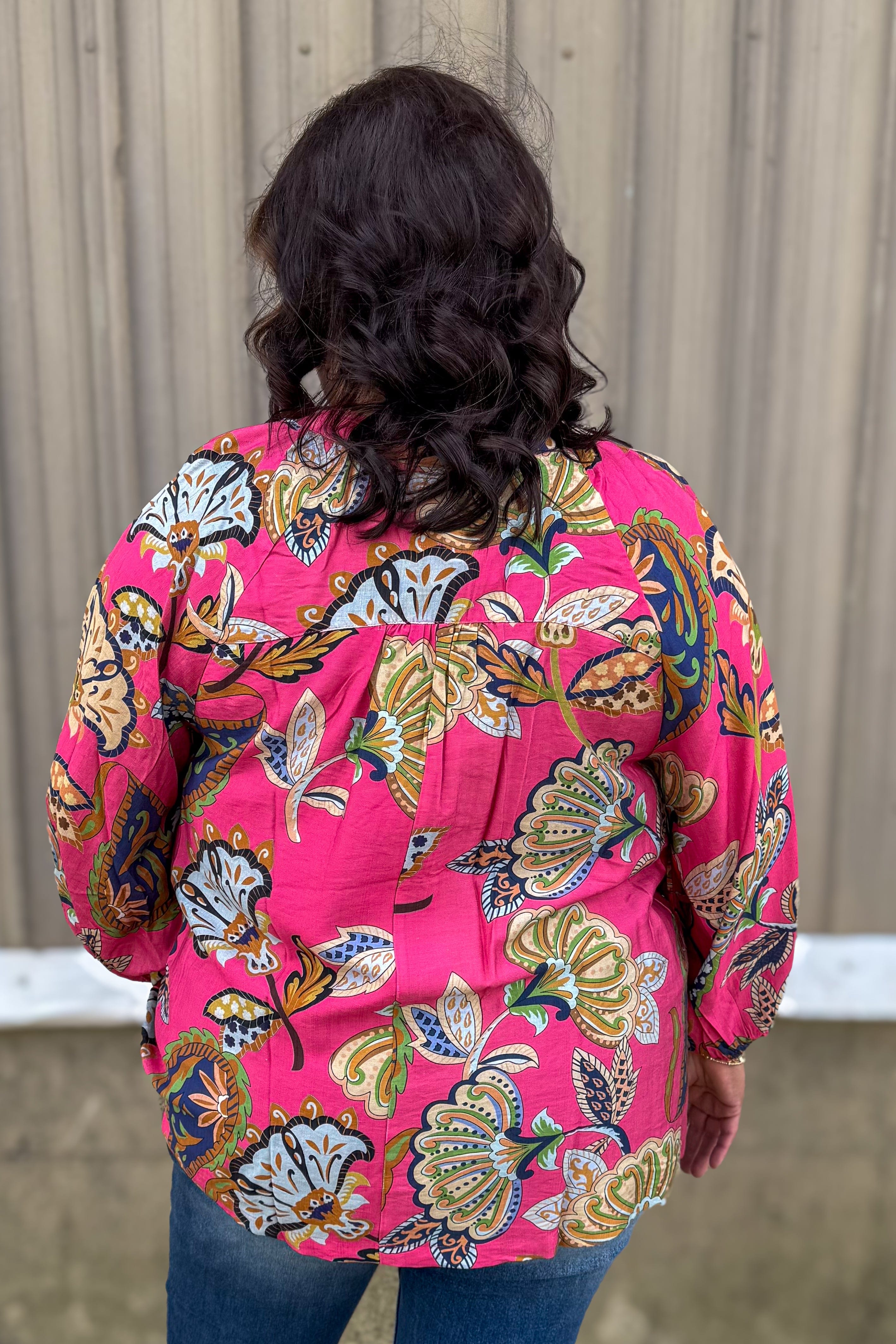 Pink Floral Abstract Split Neck Blouse back