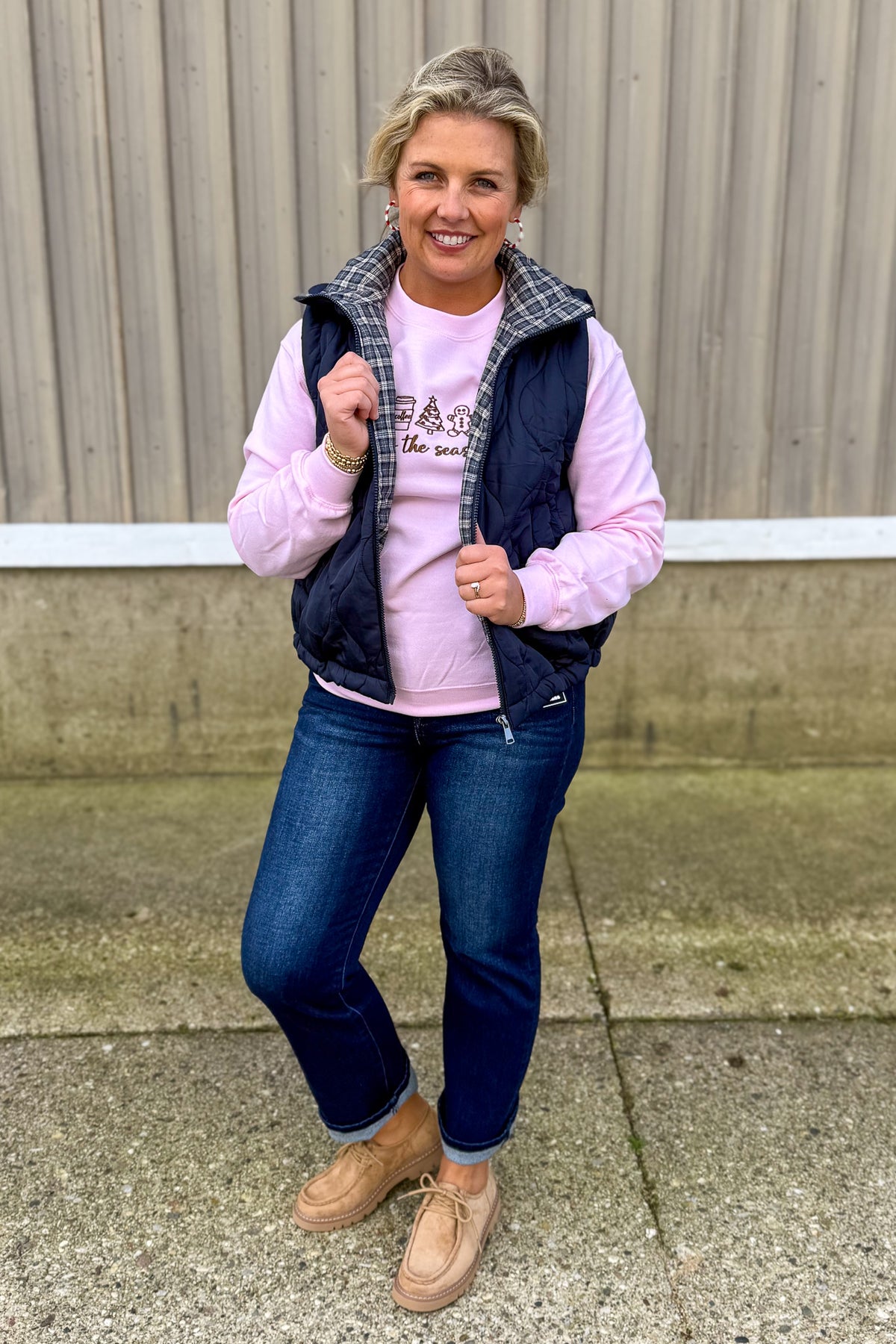 Navy Plaid Collar Quilted Vest Styled