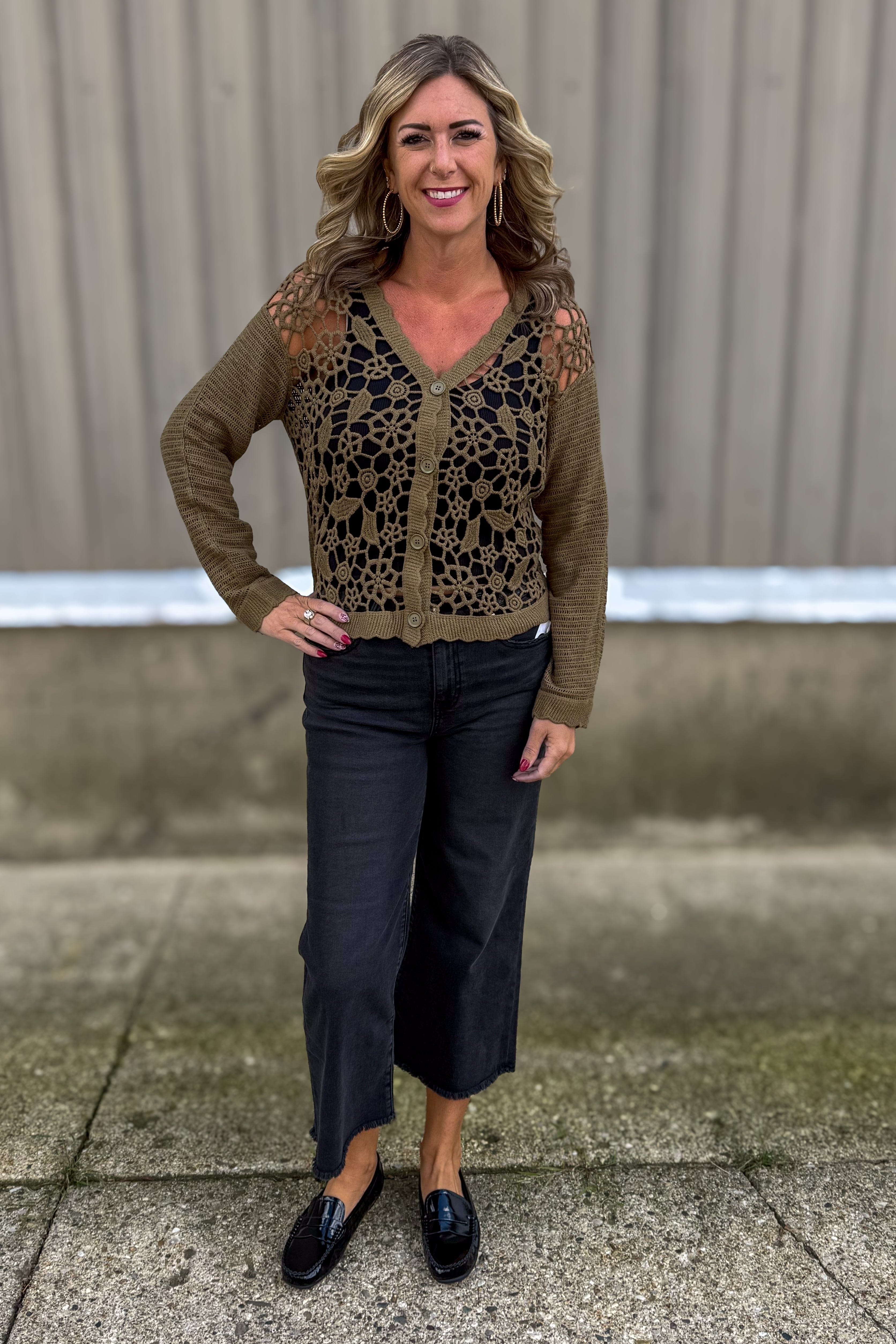 Olive Floral Open Crochet Cardigan styled