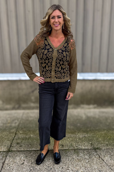 Olive Floral Open Crochet Cardigan styled