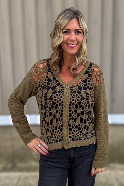 Olive Floral Open Crochet Cardigan