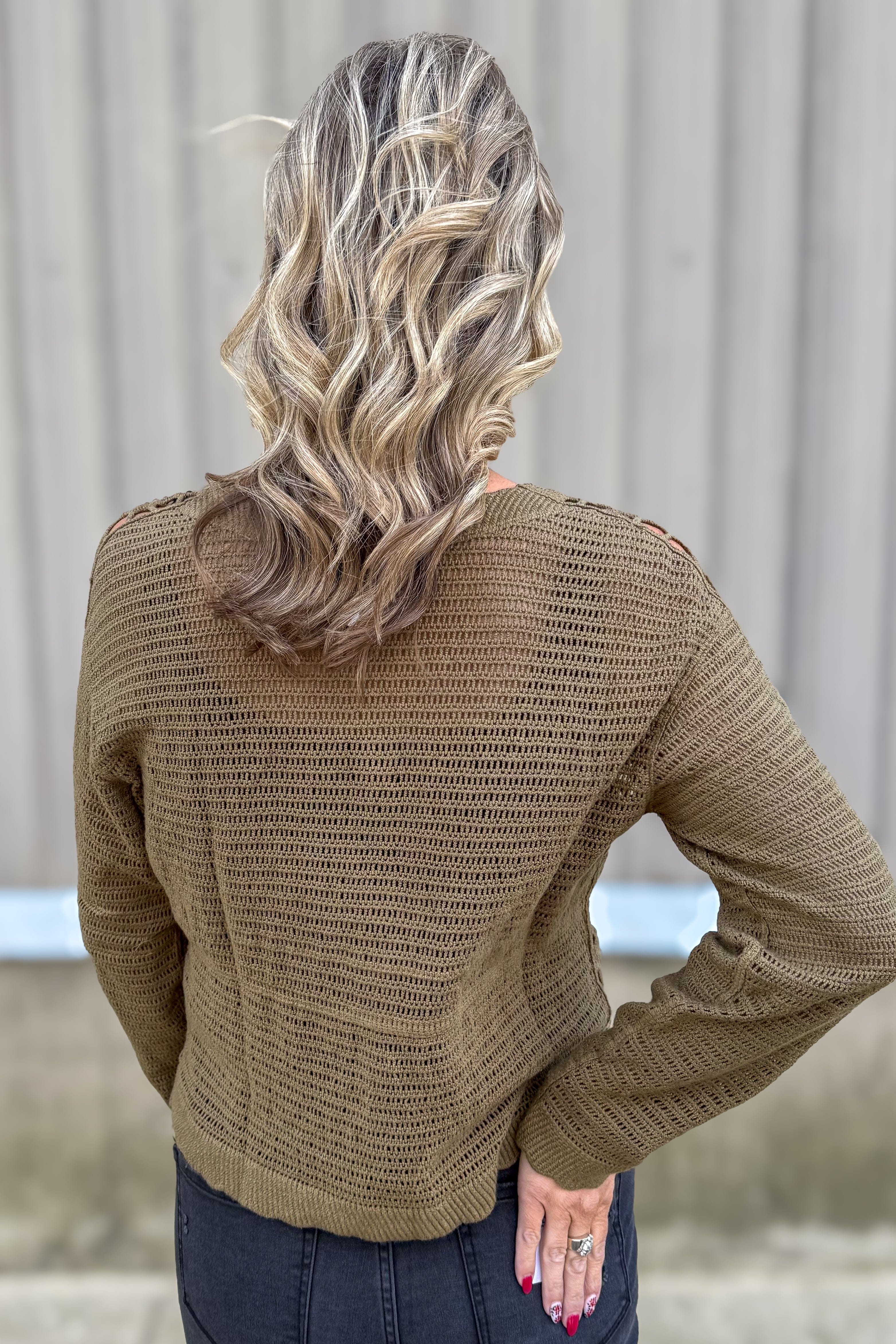 Olive Floral Open Crochet Cardigan back