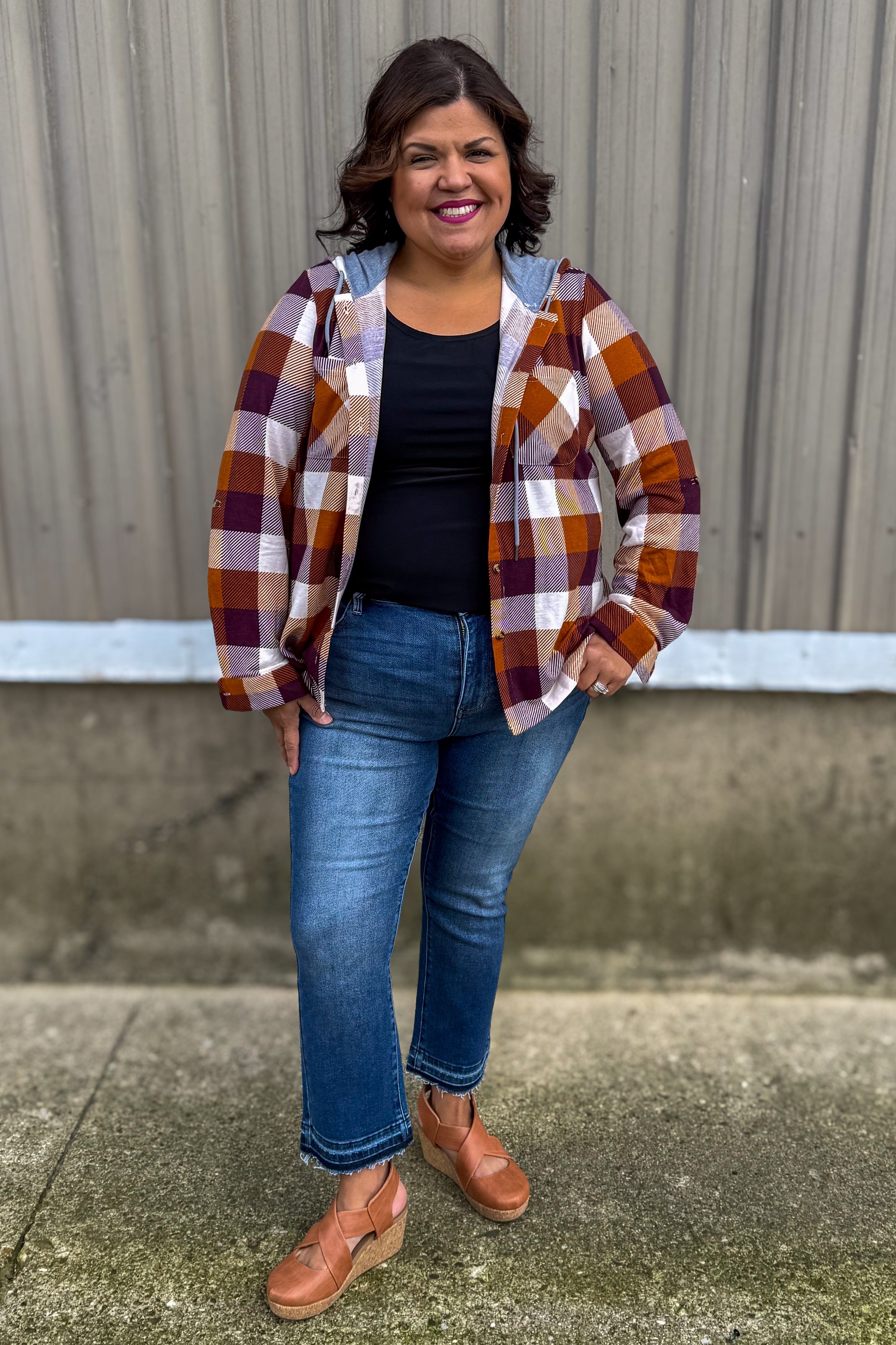 Brown Multi Plaid Button Up Hooded Top styled