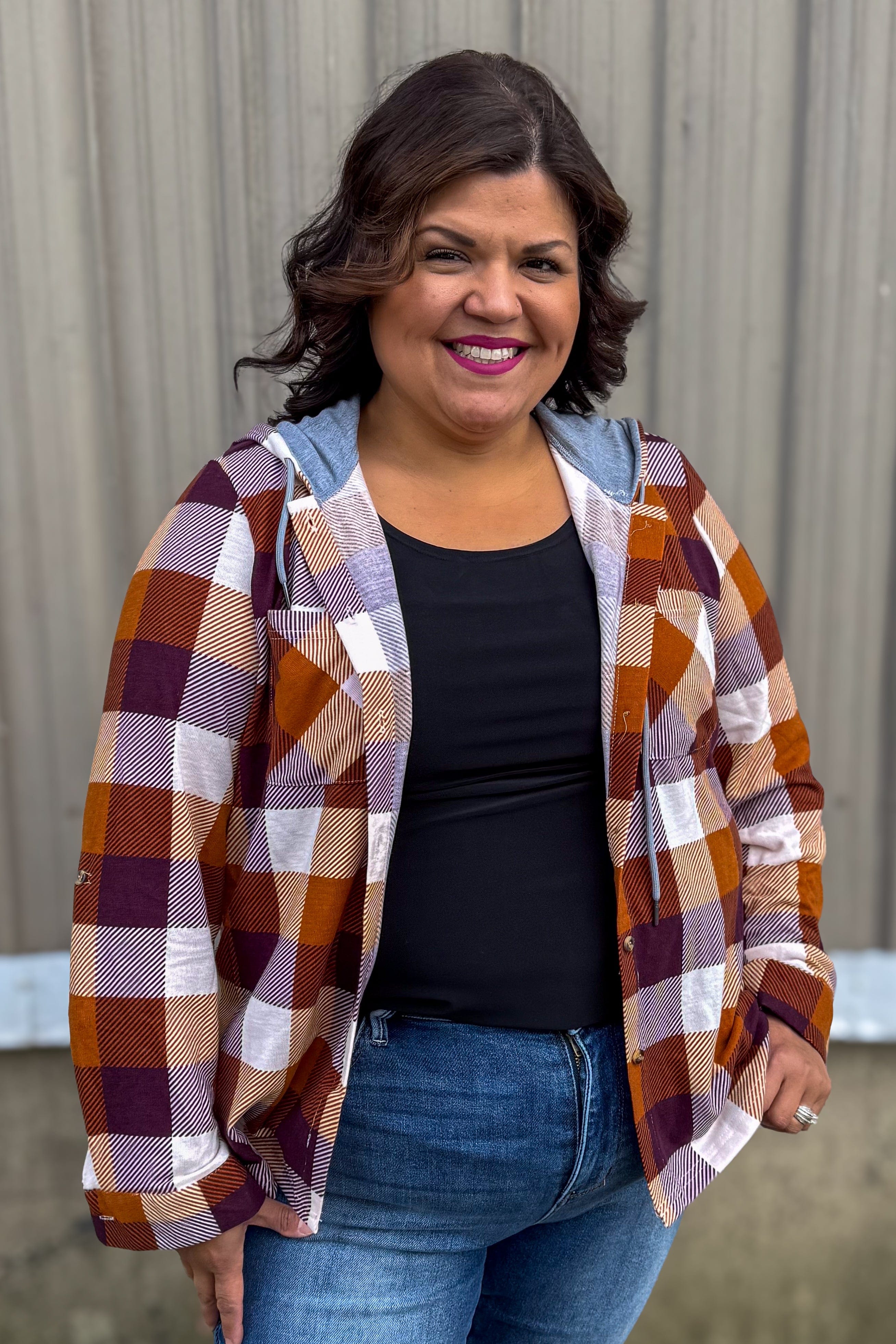 Brown Multi Plaid Button Up Hooded Top