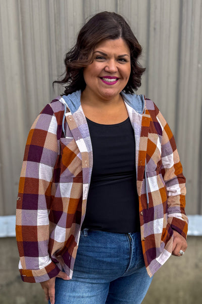 Brown Multi Plaid Button Up Hooded Top