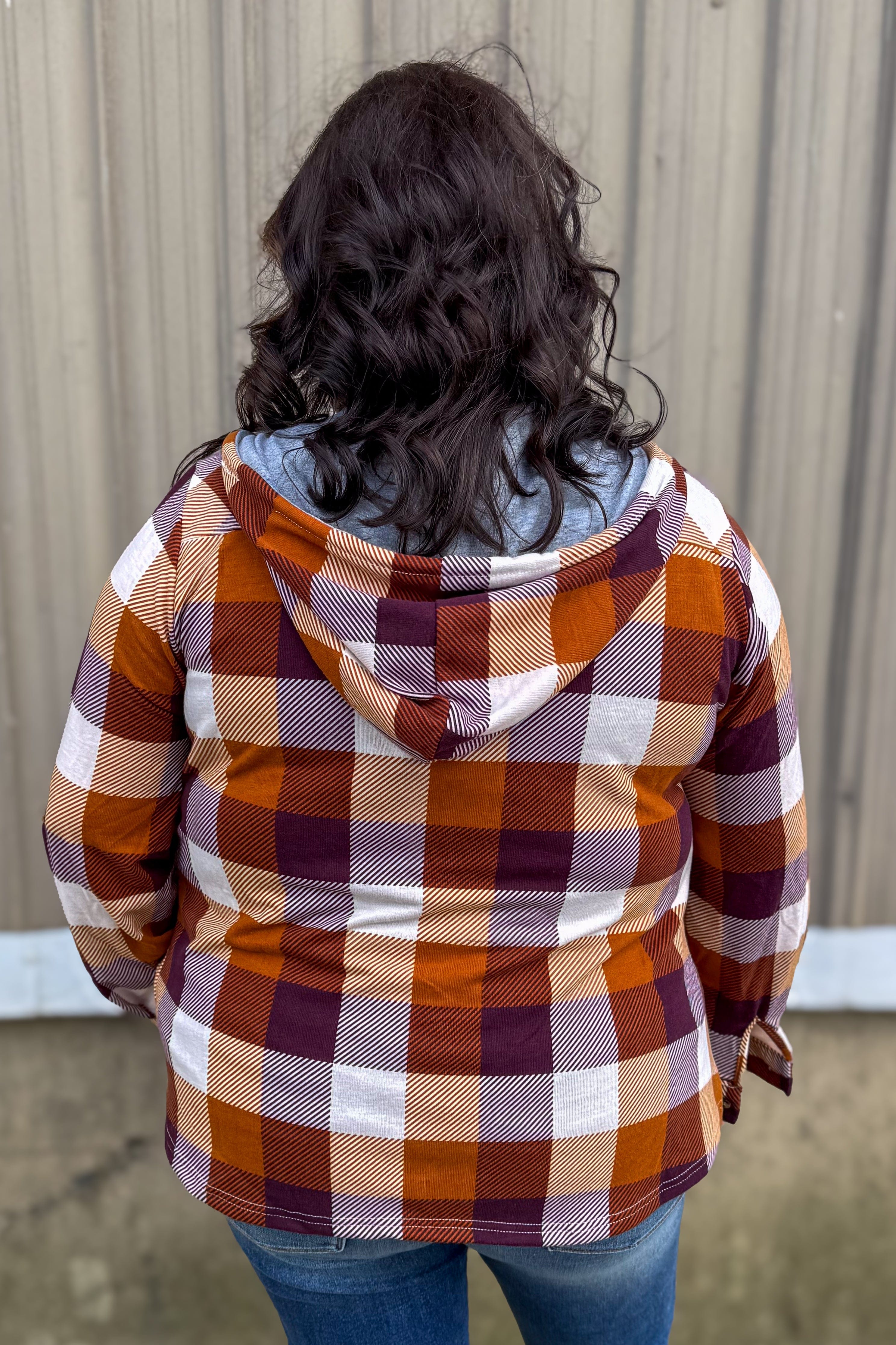 Brown Multi Plaid Button Up Hooded Top back