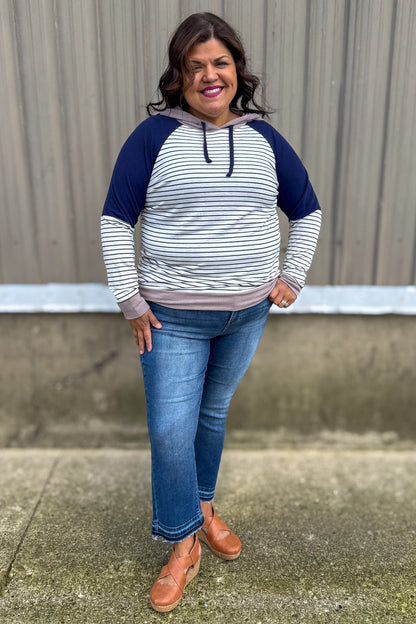 Mocha & Navy Color Block Stripe Hooded Top styled