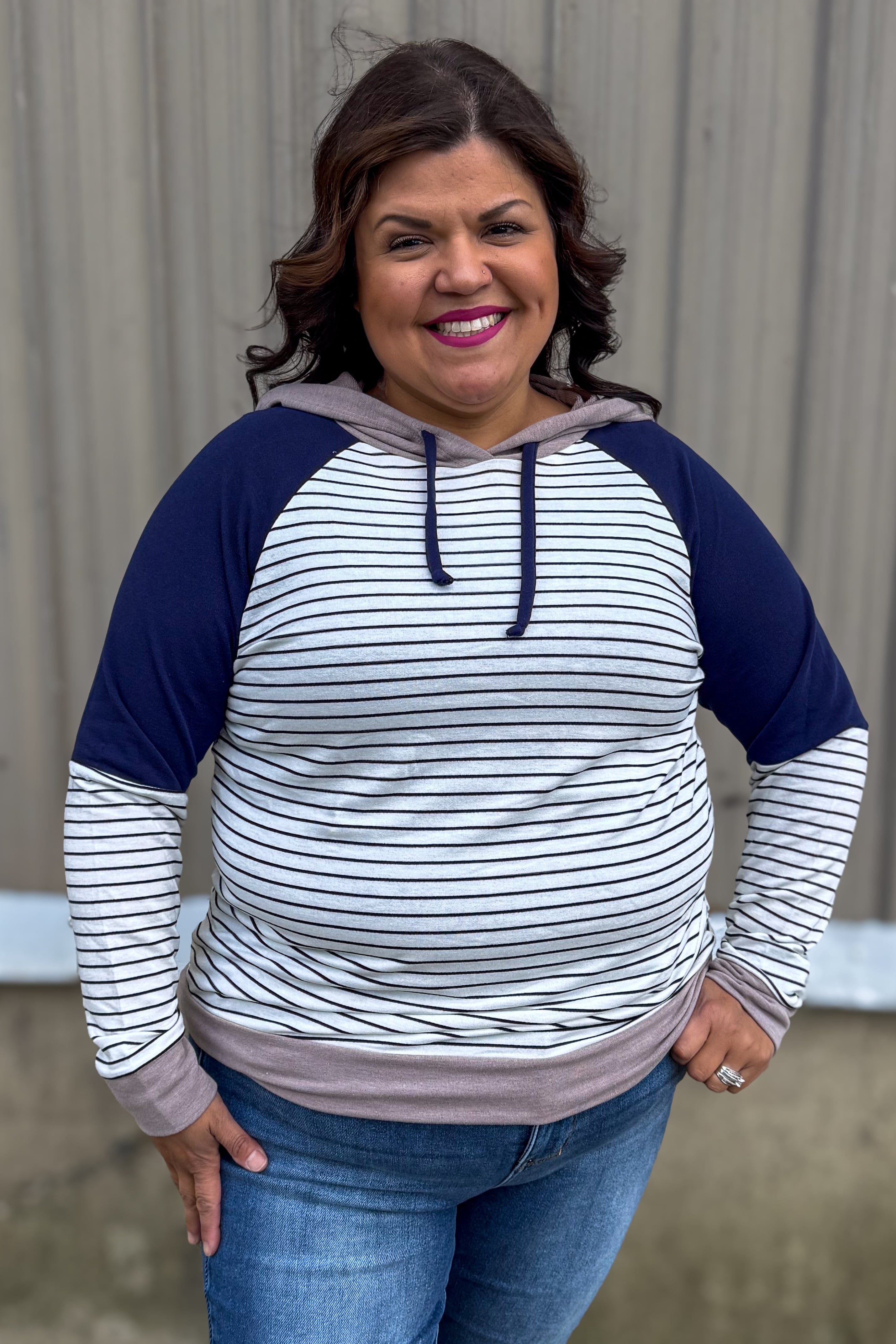 Mocha & Navy Color Block Stripe Hooded Top