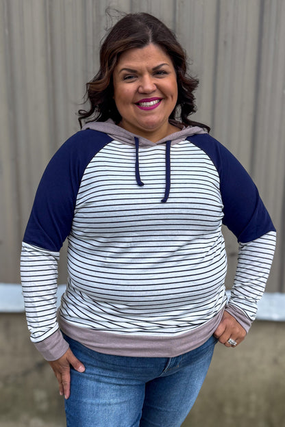Mocha & Navy Color Block Stripe Hooded Top