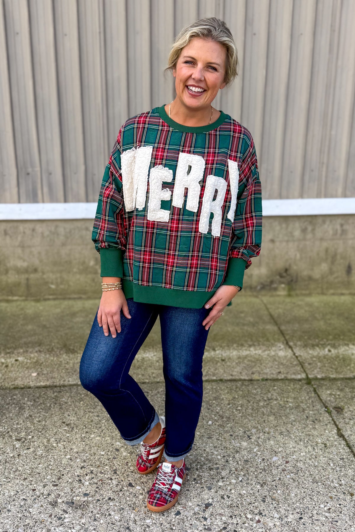 Green Plaid Merry Sherpa Applique Pullover Styled