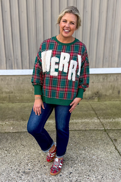 Green Plaid Merry Sherpa Applique Pullover Styled
