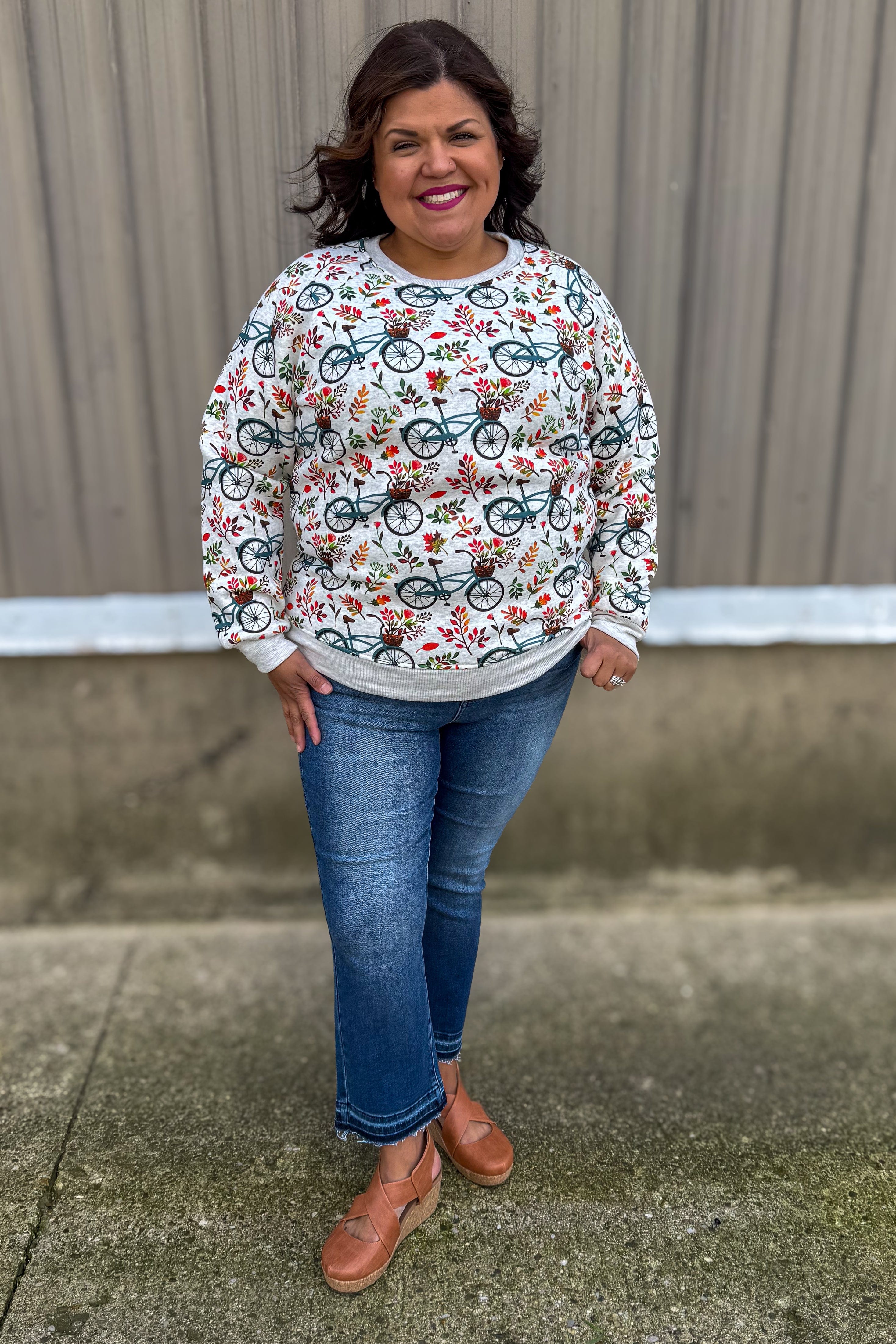 Light Grey Bicycle Print Pullover Top styled