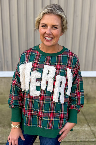 Green Plaid Merry Sherpa Applique Pullover