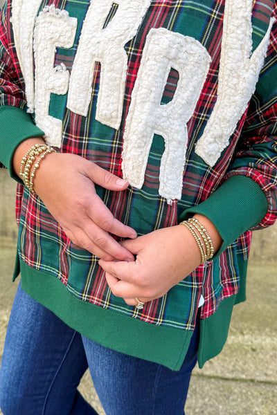 Green Plaid Merry Sherpa Applique Pullover Detailed