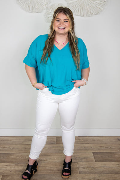 Light Teal Breezy Blouse, styled