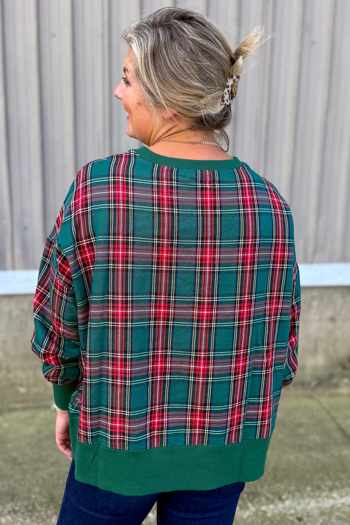 Green Plaid Merry Sherpa Applique Pullover Back