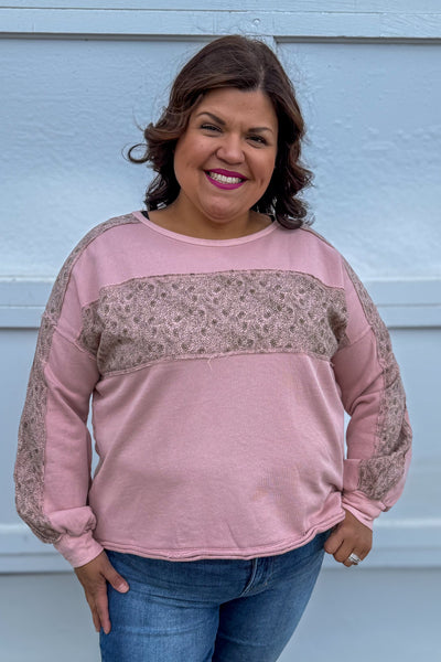 Dusty Pink Crewneck Floral Contrast