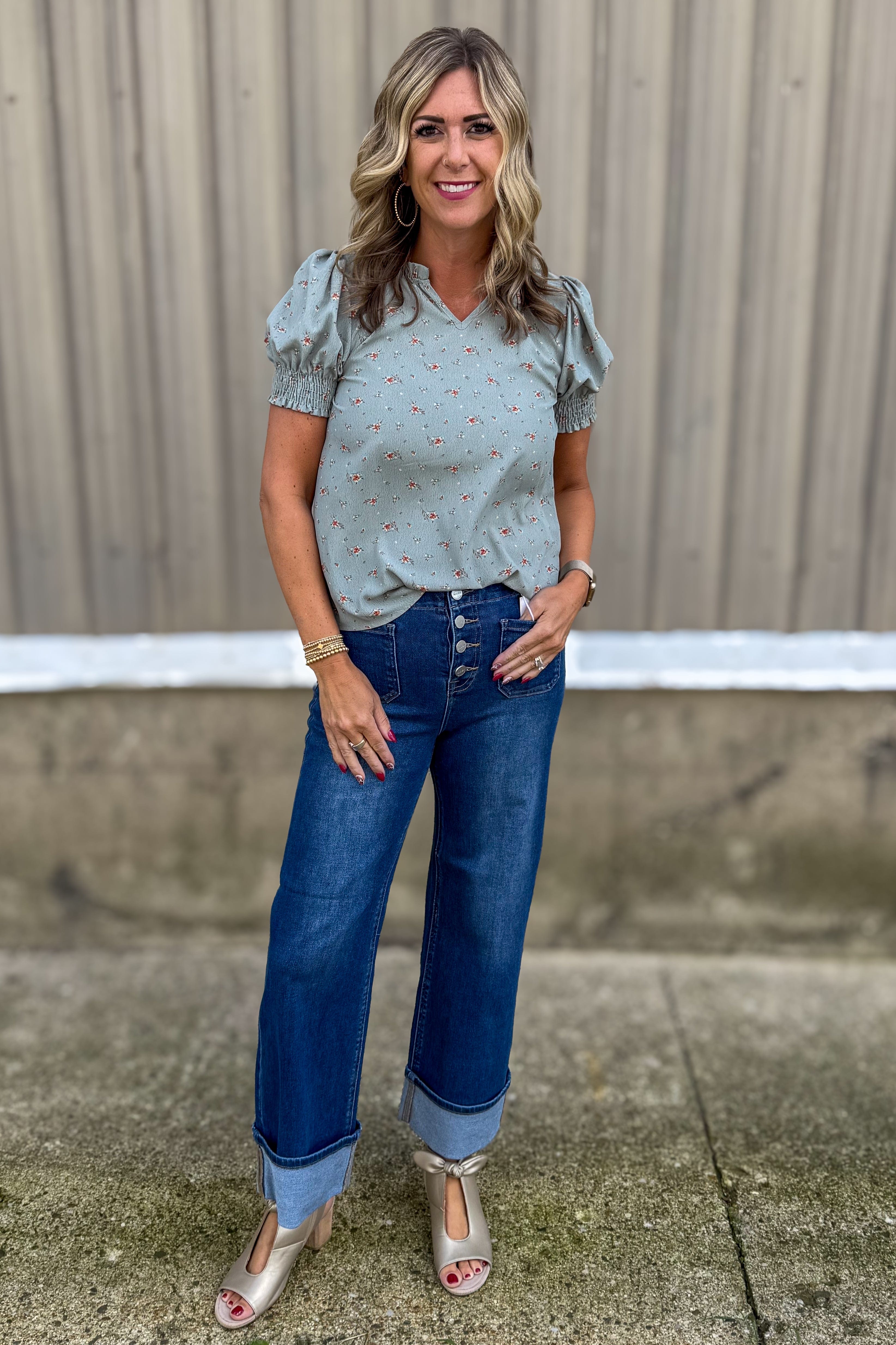 Sage Floral Puff Sleeve Blouse styled
