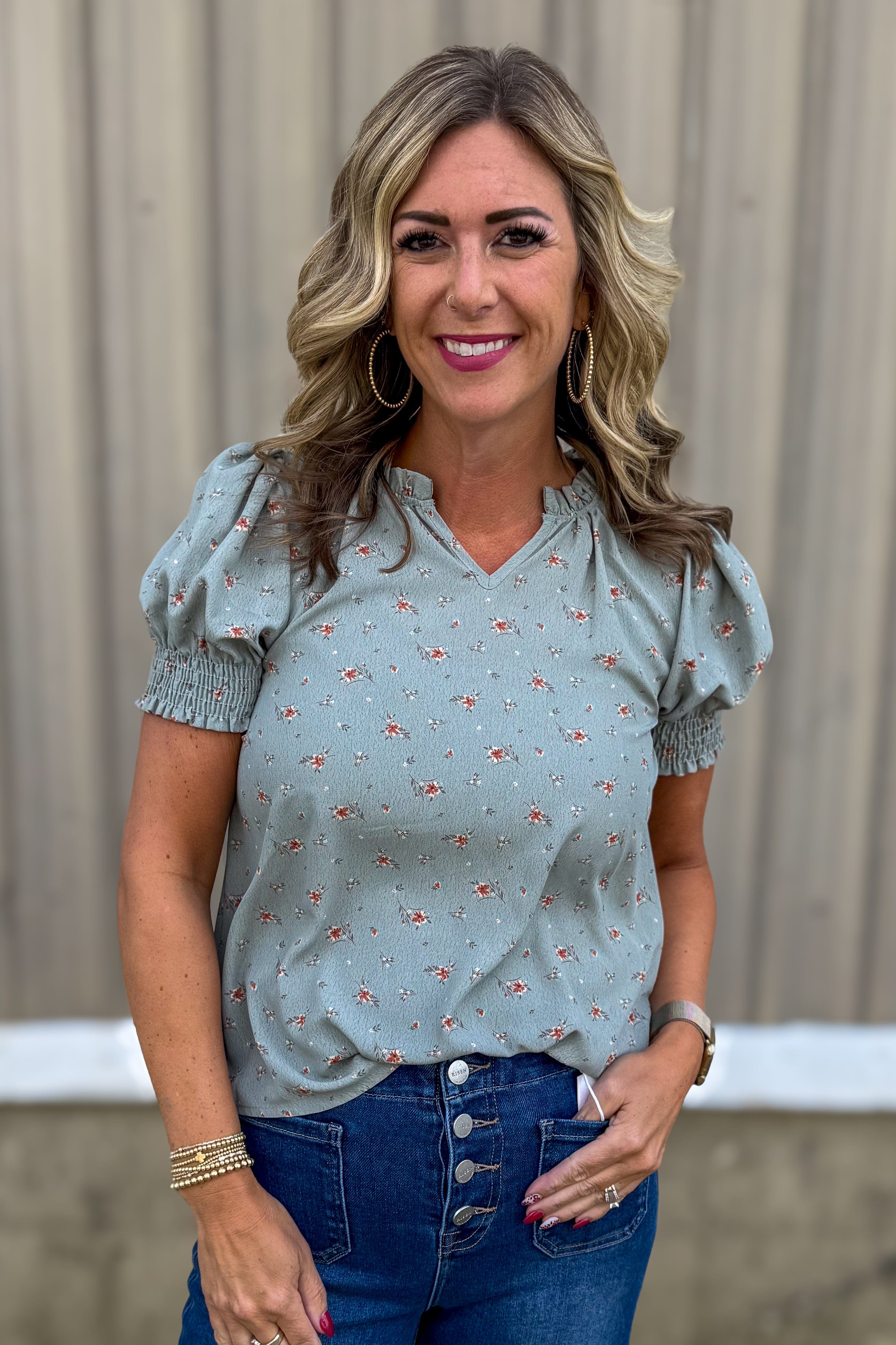 Sage Floral Puff Sleeve Blouse
