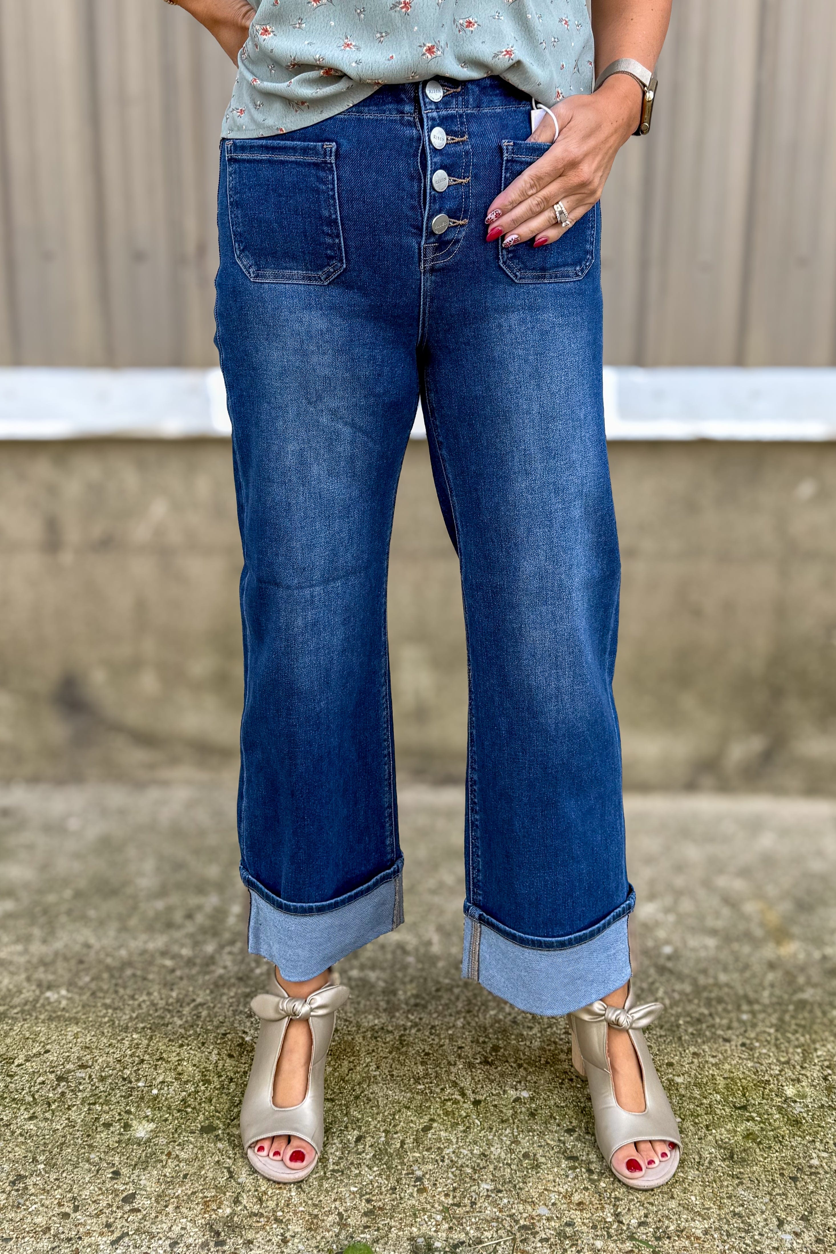 Dark High Rise Ankle Button Down Cuffed Jean