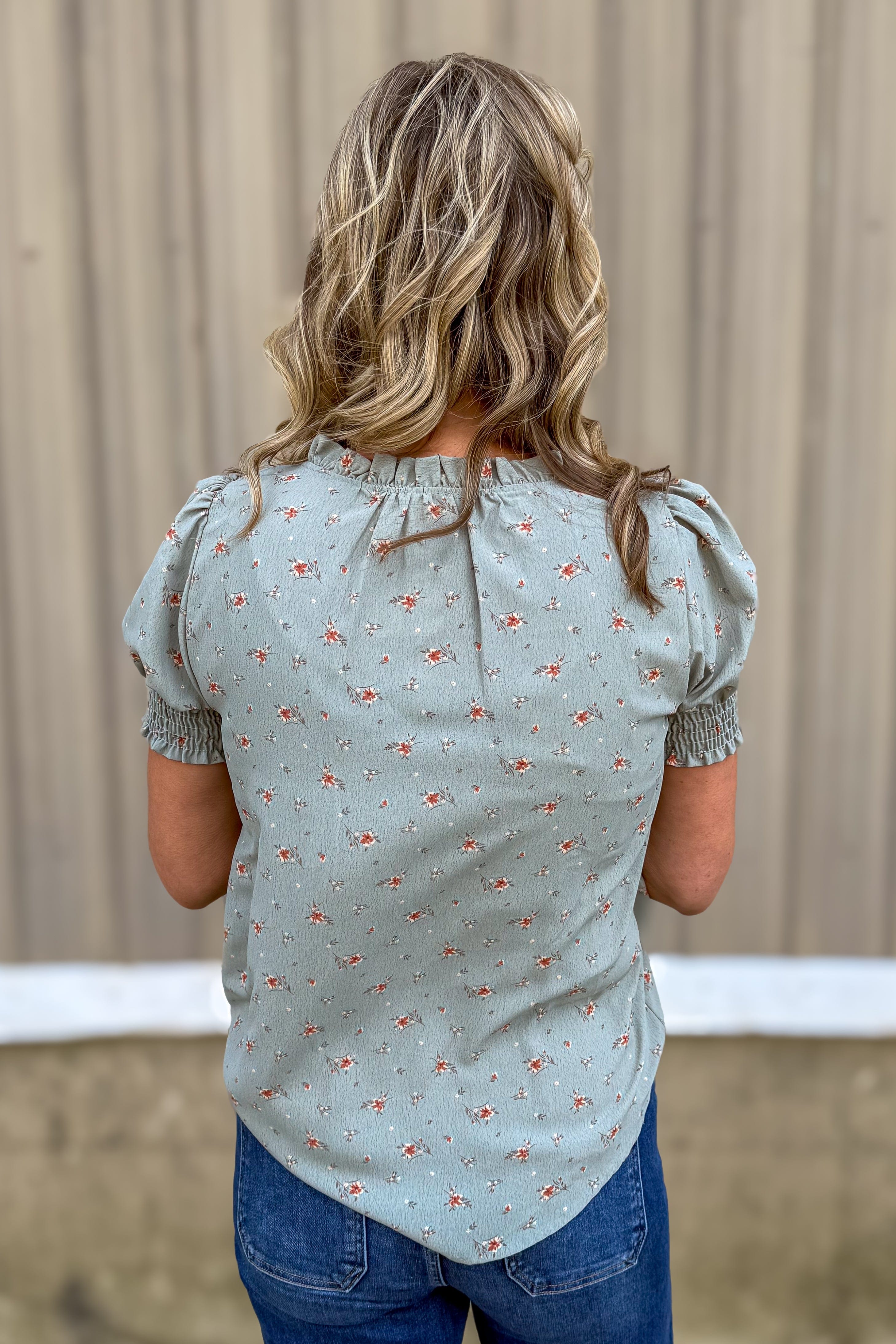 Sage Floral Puff Sleeve Blouse back