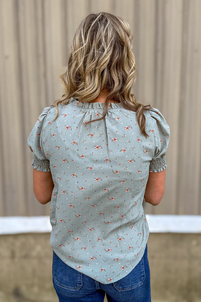 Sage Floral Puff Sleeve Blouse back