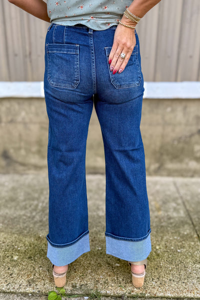 Dark High Rise Ankle Button Down Cuffed Jean back