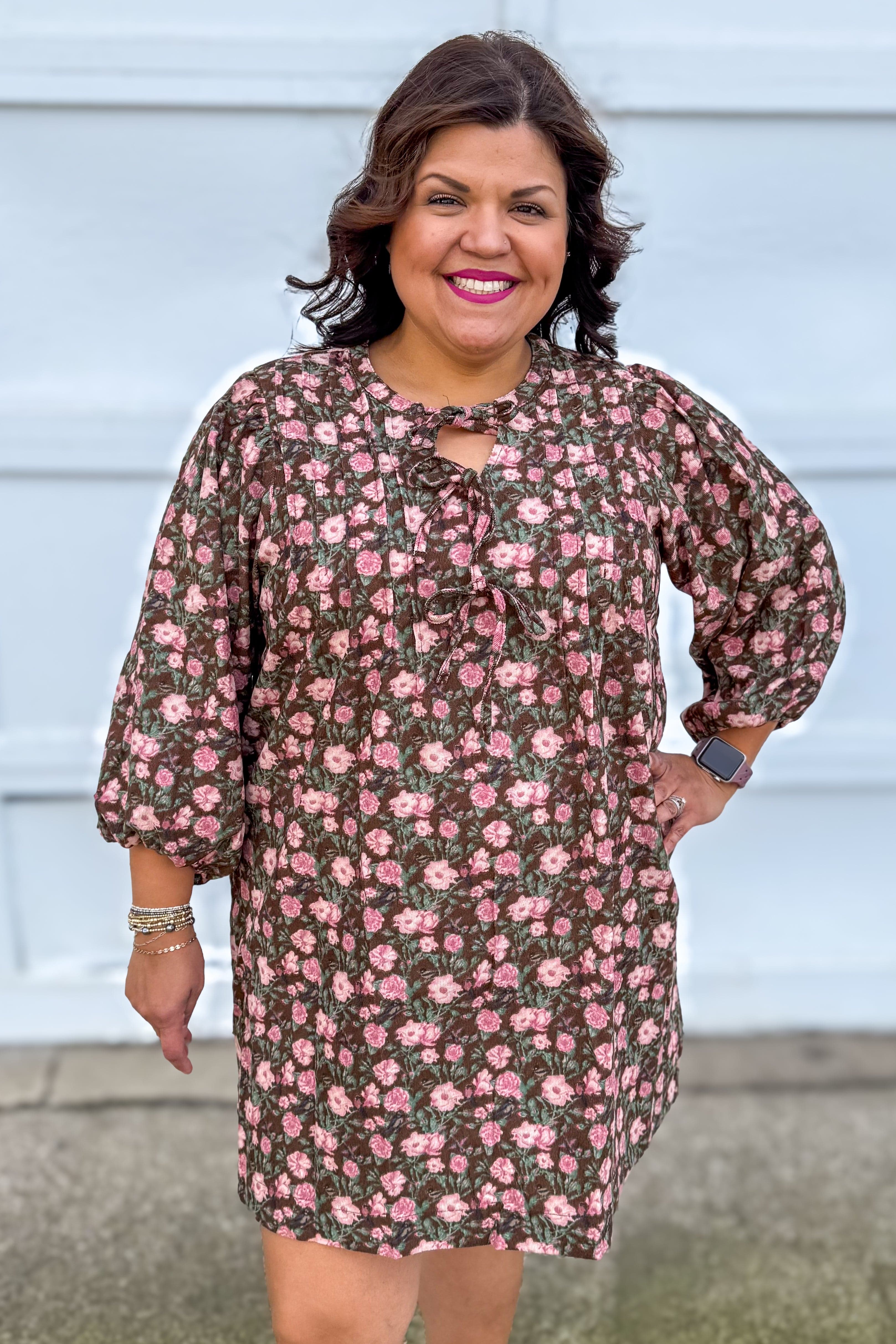 Brown & Pink Floral Ribbon & Pintuck Detail Dress