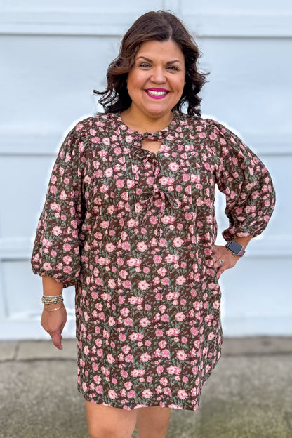 Brown & Pink Floral Ribbon & Pintuck Detail Dress