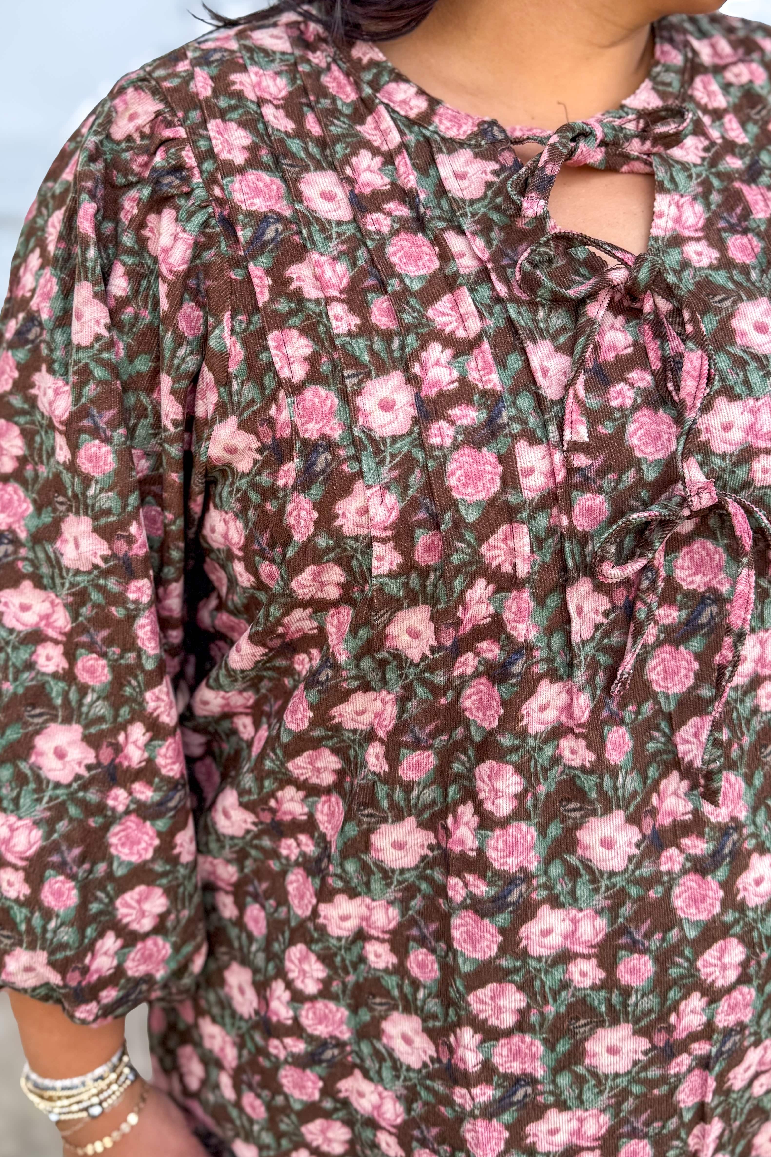 Brown & Pink Floral Ribbon & Pintuck Detail Dress details