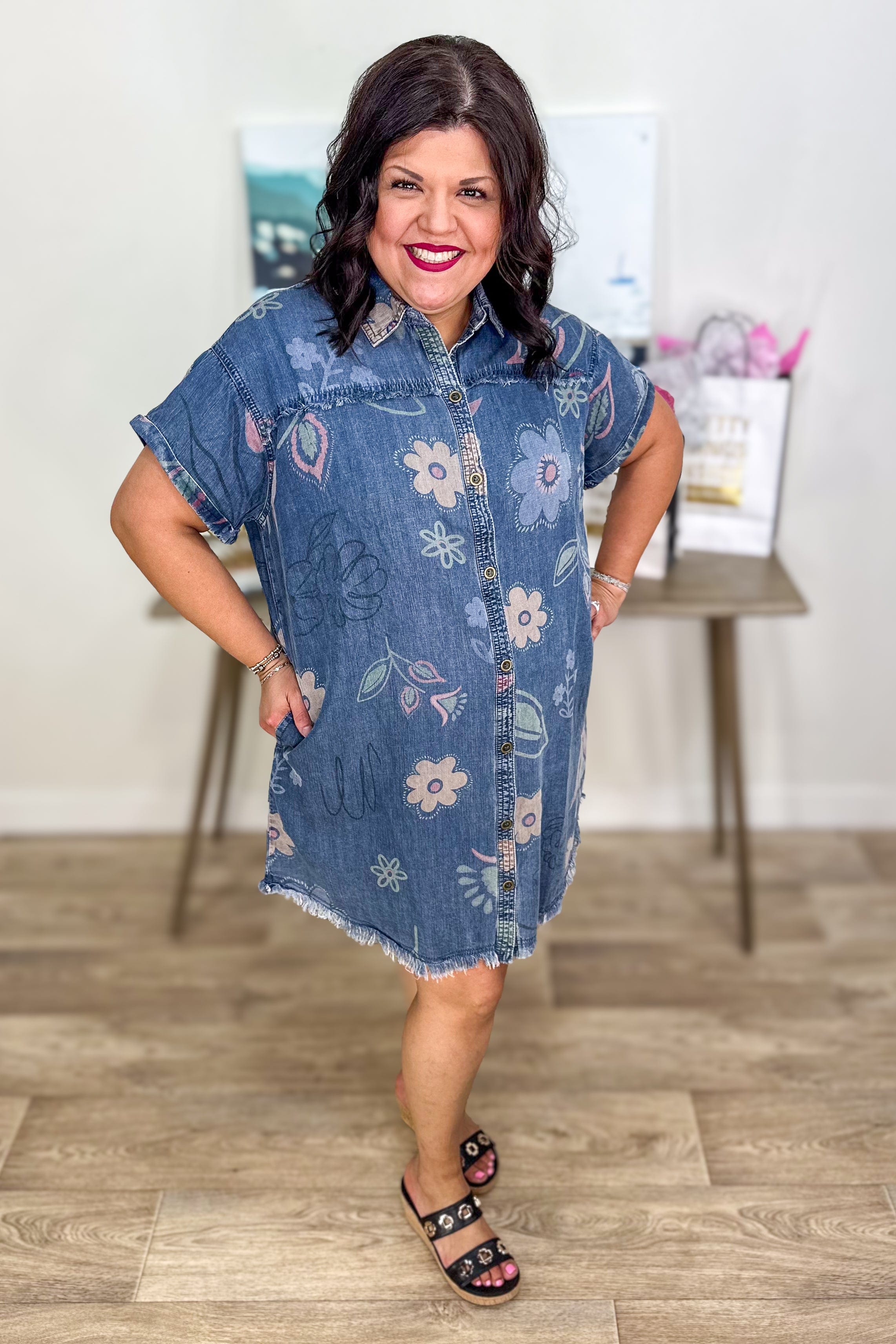 Washed Print Denim Shirt Dress styled