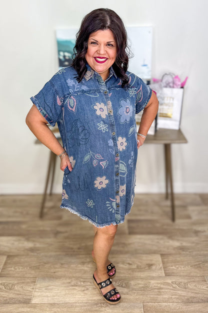 Washed Print Denim Shirt Dress styled