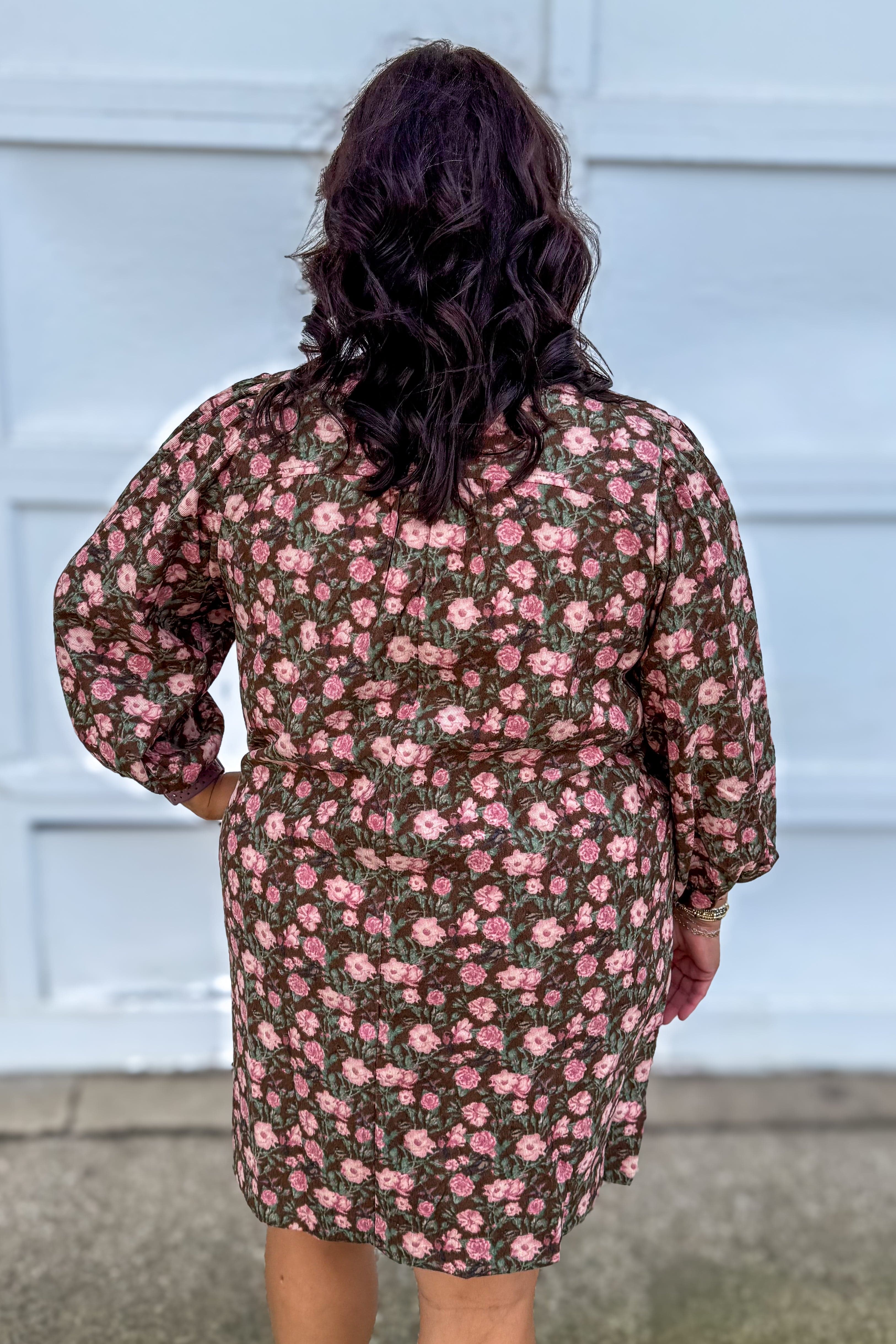 Brown & Pink Floral Ribbon & Pintuck Detail Dress back