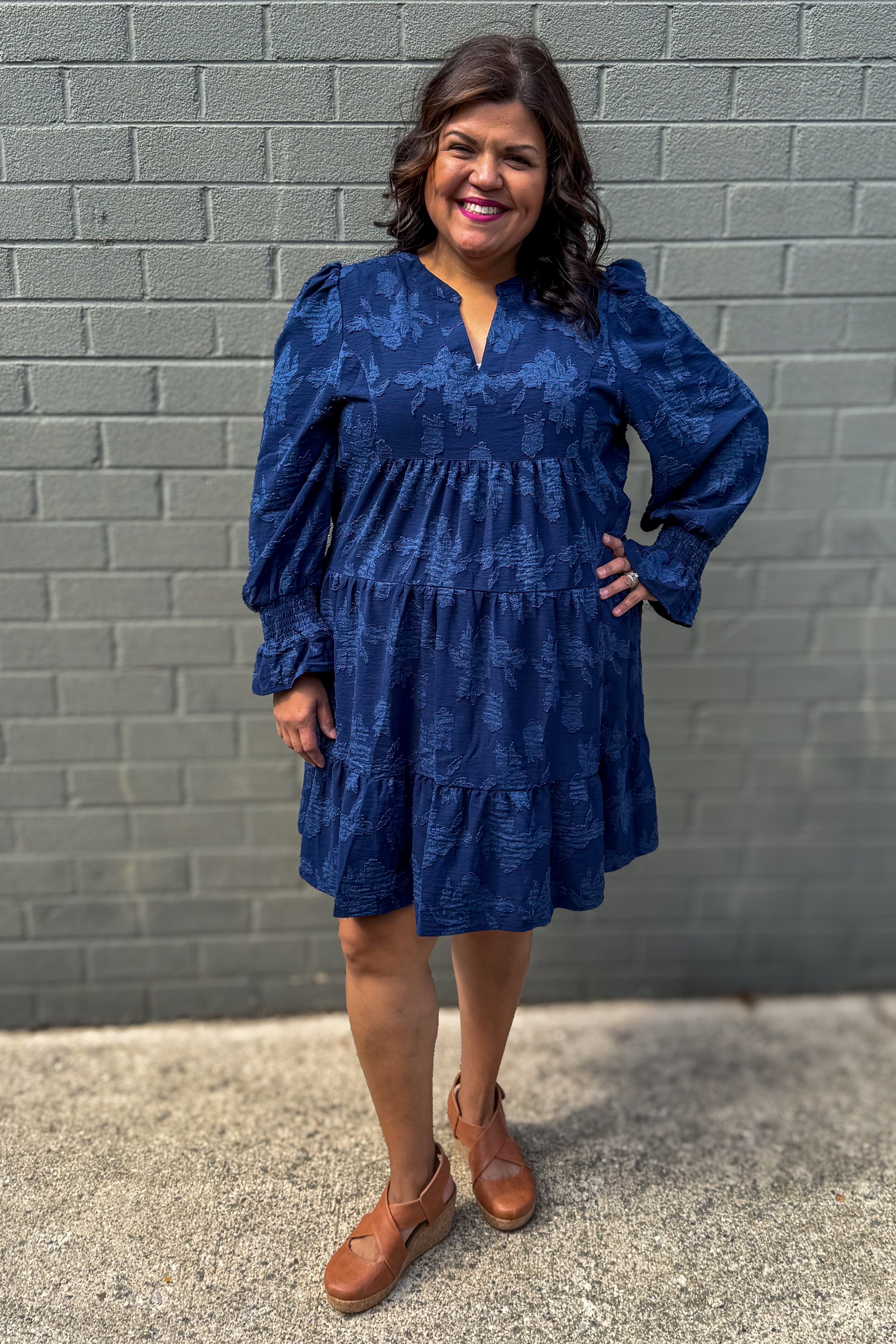 Navy Floral Texture Mini Dress styled