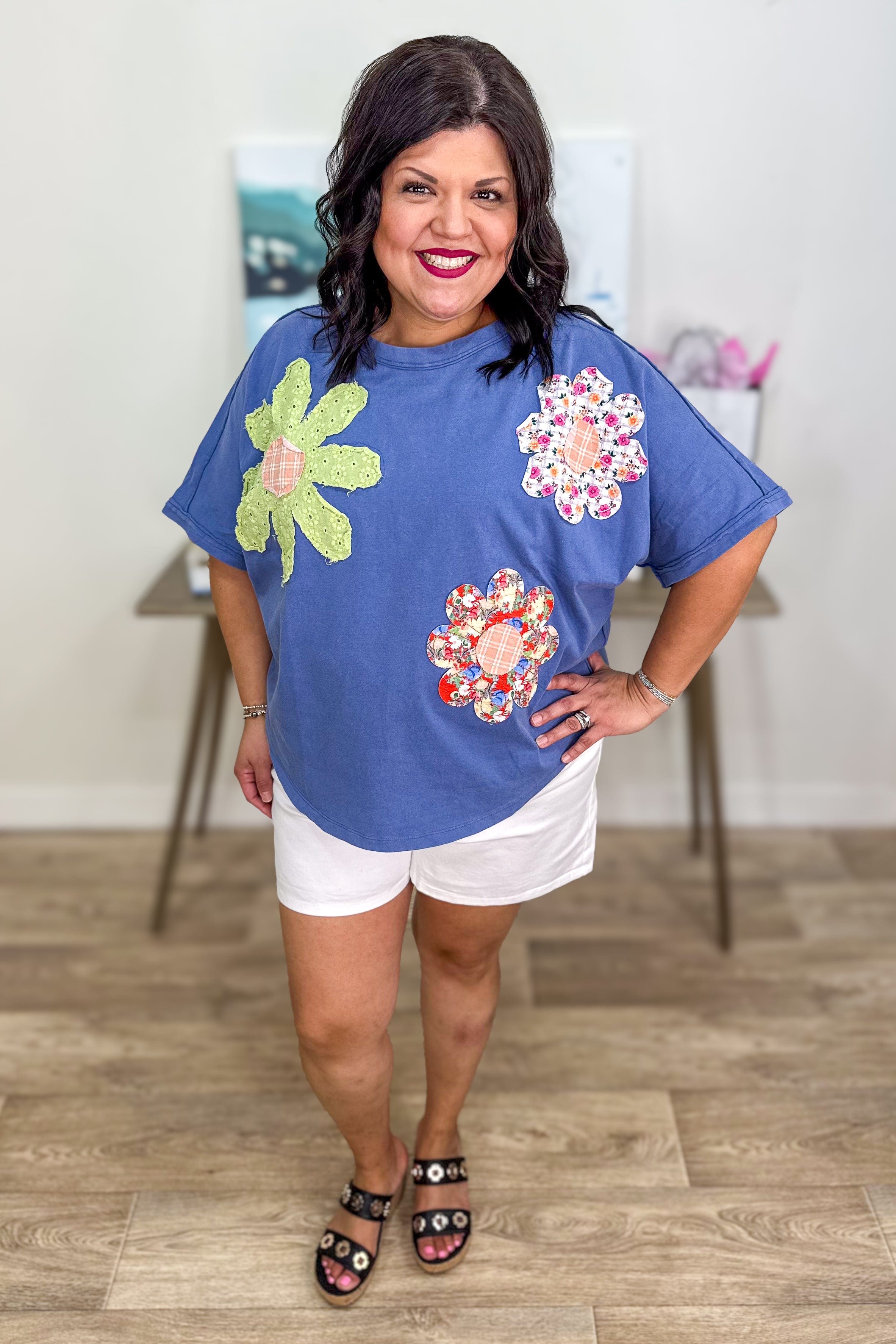 Uptown Blue Flower Patch Knit Top styled