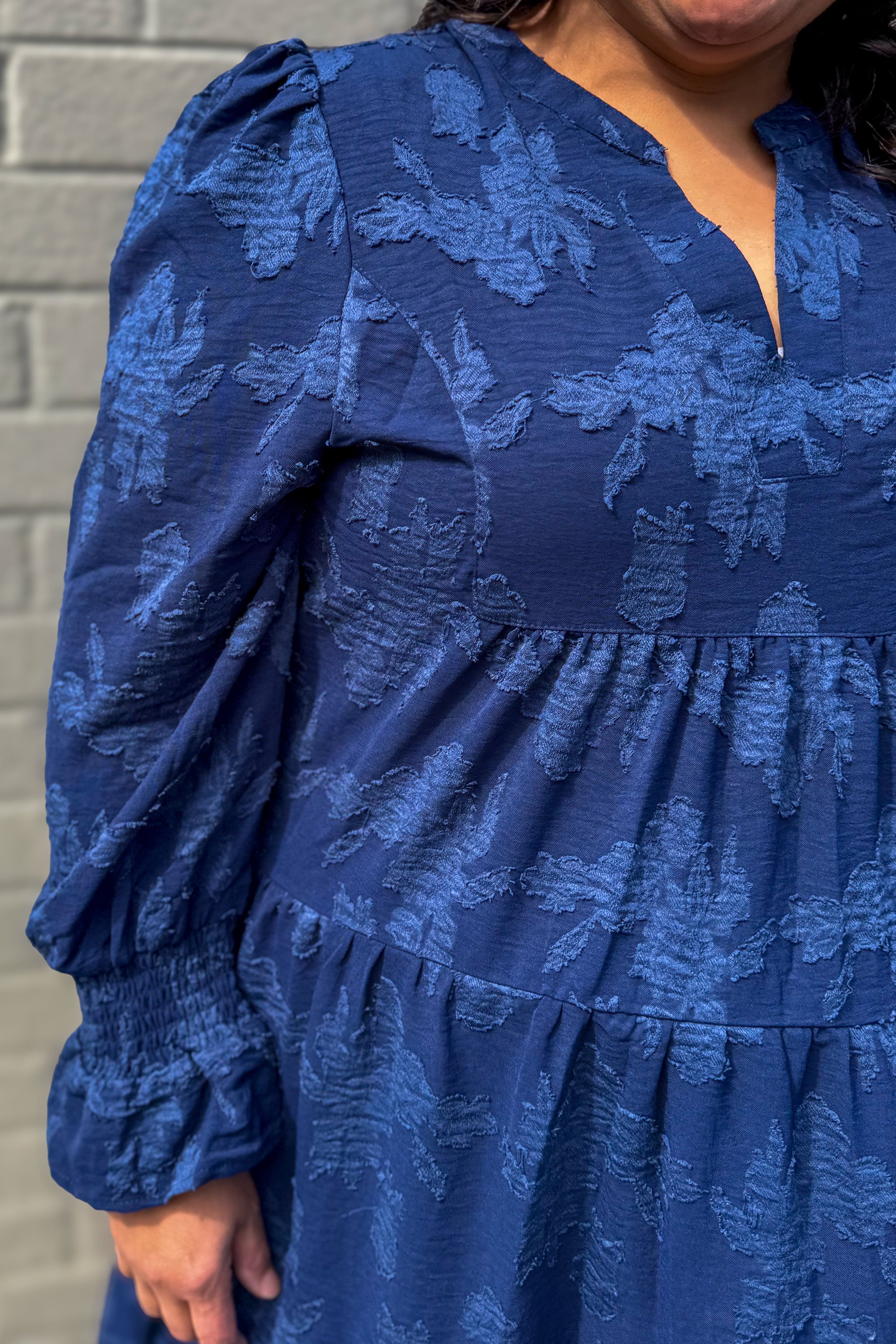 Navy Floral Texture Mini Dress styled