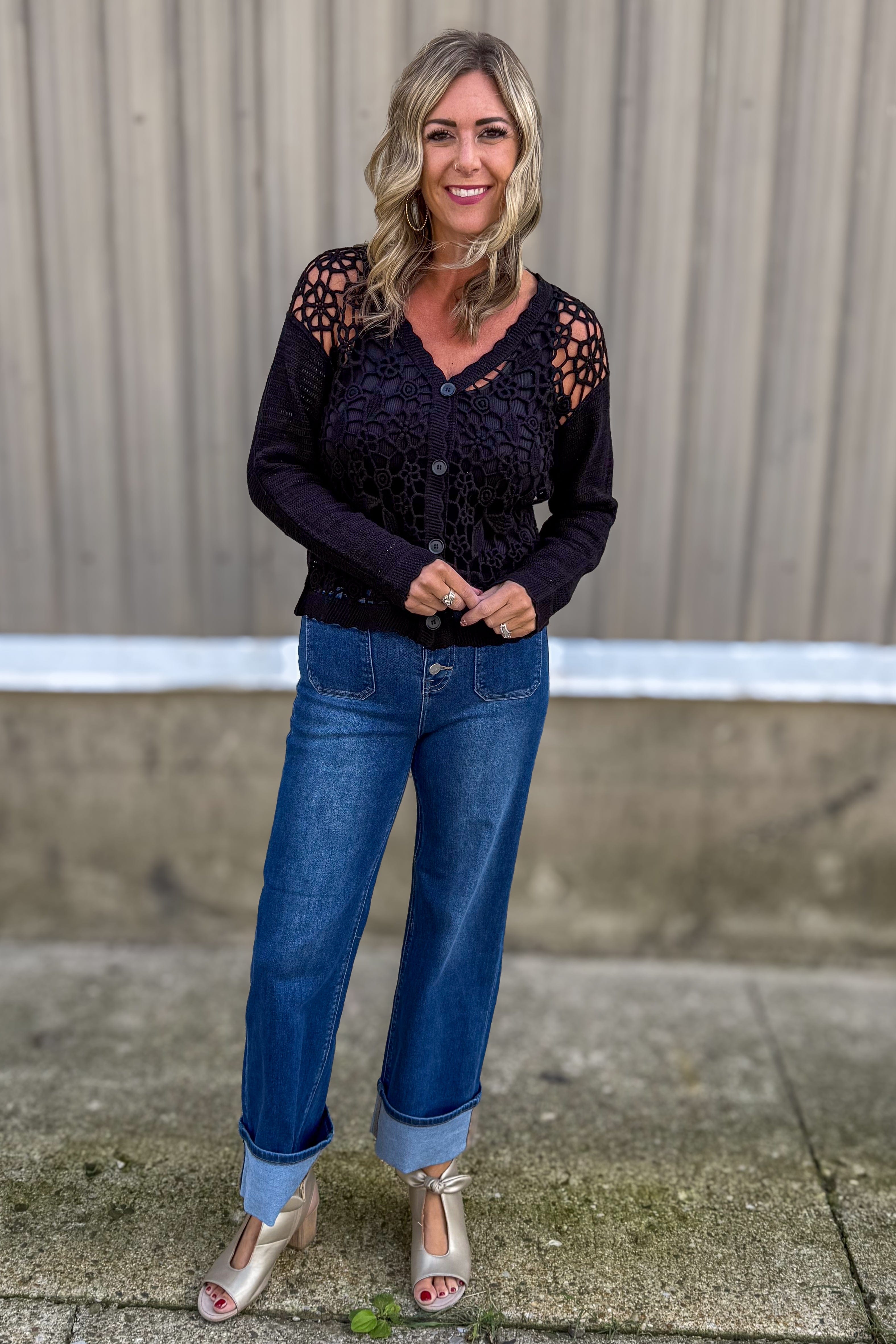 Black Floral Open Crochet Cardigan styled