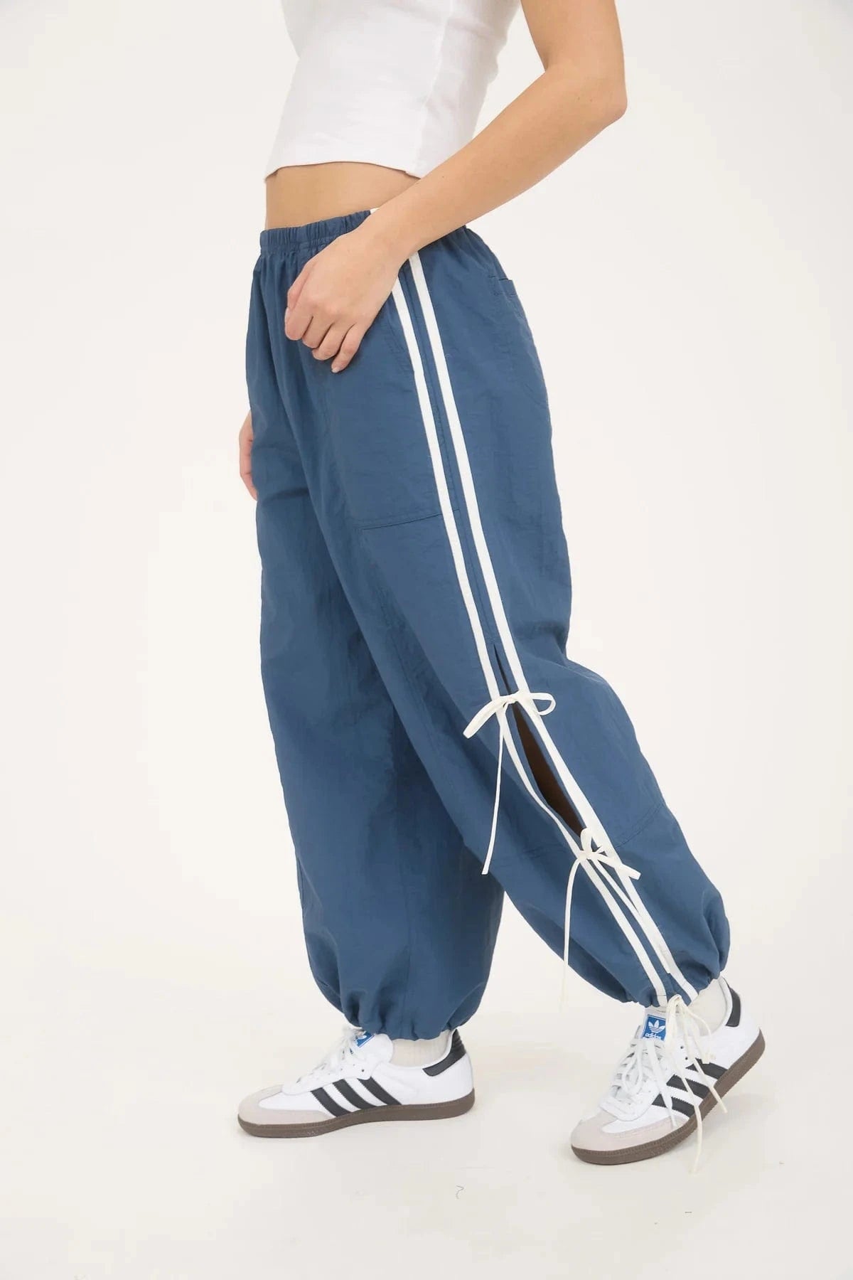 Denim Side Stripe Tie Strap Track Joggers