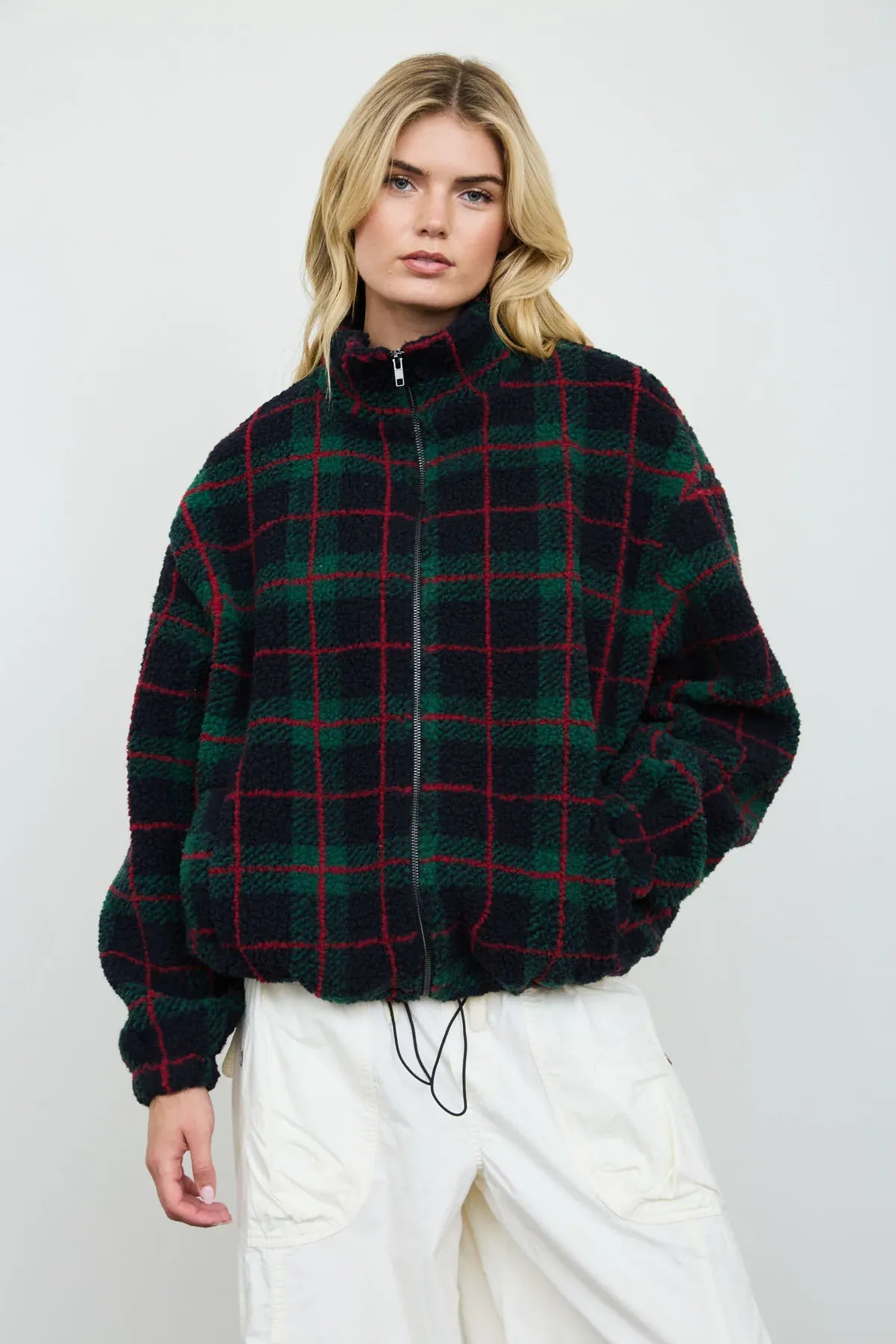 Hunter Green Plaid Sherpa Jacket