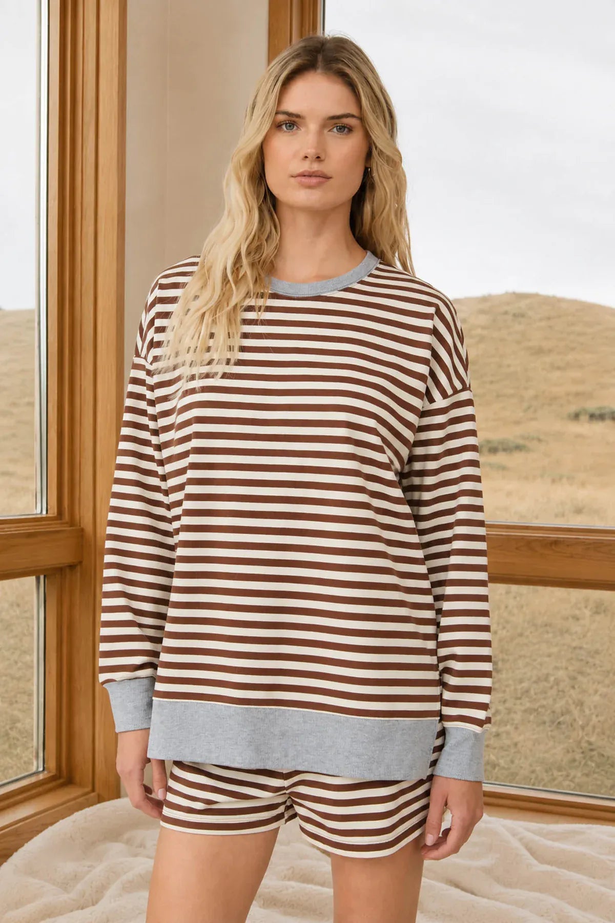 Brown Striped Boxy Long Sleeve Top