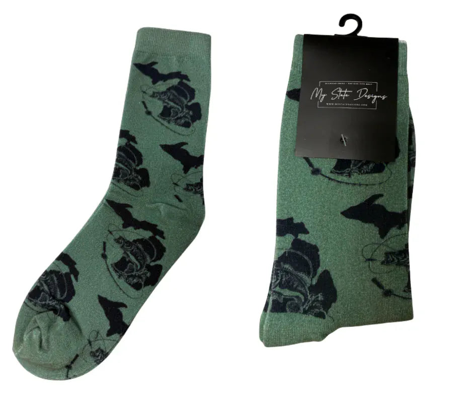 Michigan Map Bass Green Socks