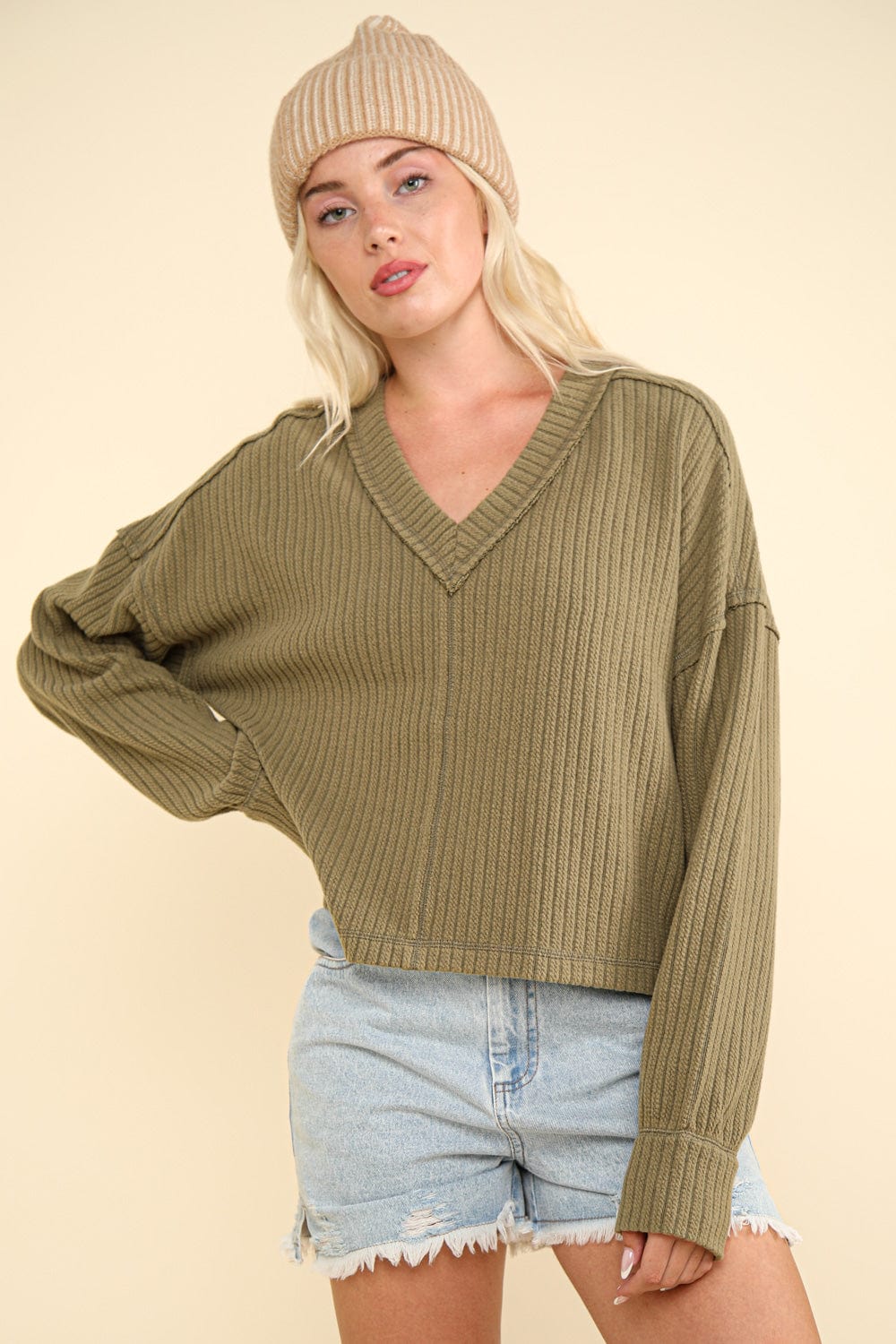 Olive Vneck Cropped Pullover