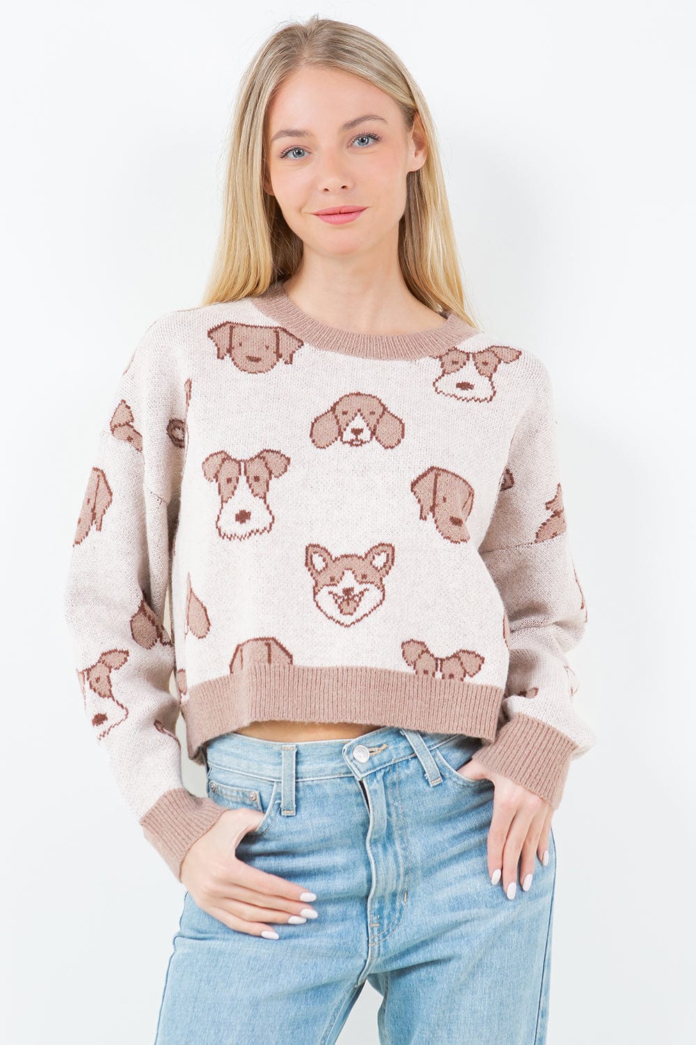 Taupe Dog Faces Cropped Sweater