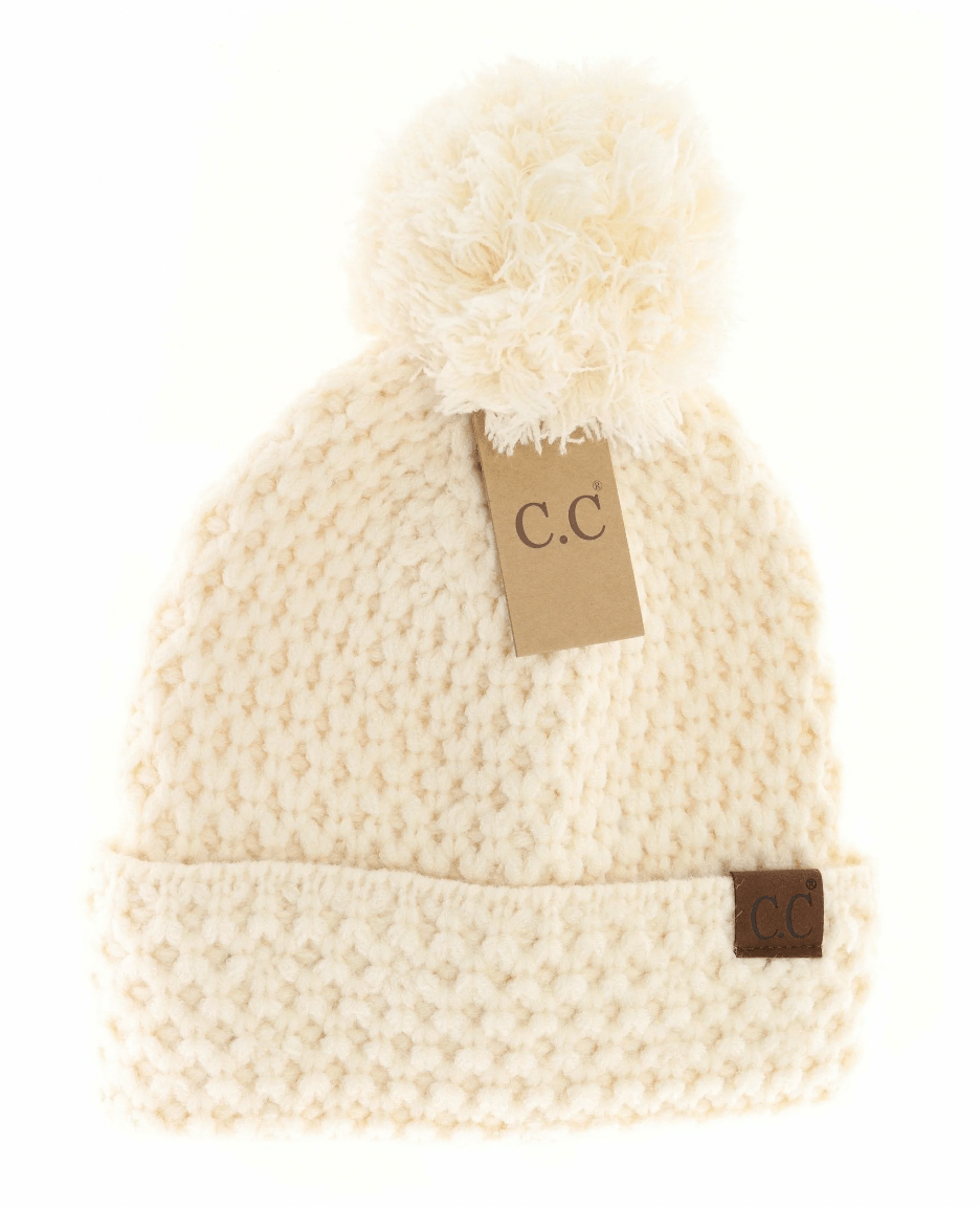 Bee Stitch Pattern Cuff Pom Beanie - Cream