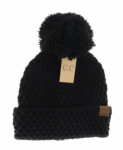 Bee Stitch Pattern Cuff Pom Beanie - Black