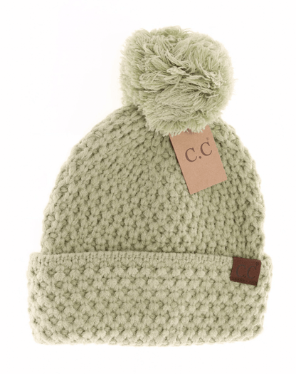 Bee Stitch Pattern Cuff Pom Beanie - Winter Lime