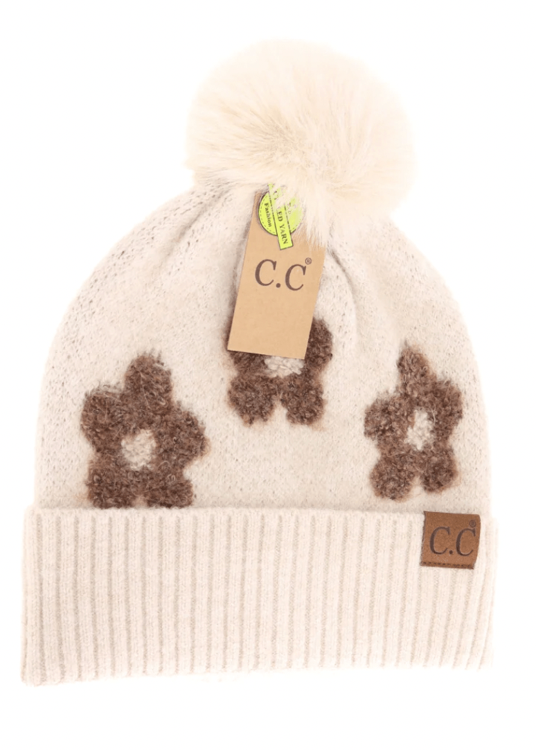 Daisy Pattern Pom Beanie - Beige