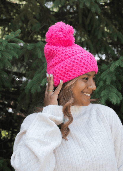 Bee Stitch Pattern Cuff Pom Beanie - Candy Pink