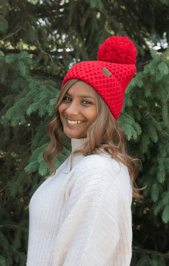 Bee Stitch Pattern Cuff Pom Beanie - Red