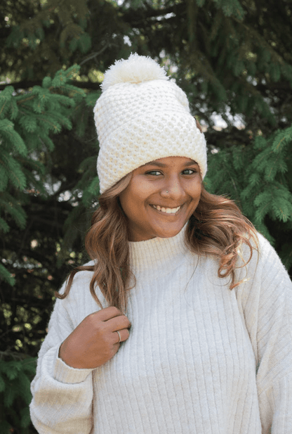 Bee Stitch Pattern Cuff Pom Beanie - Cream